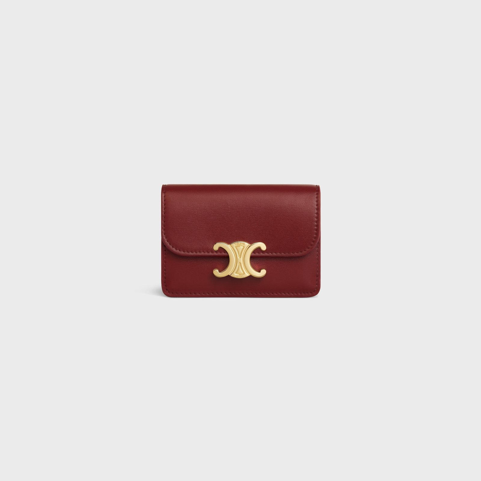 CARD HOLDER WITH FLAP TRIOMPHE IN SHINY CALFSKIN DARK RUBY